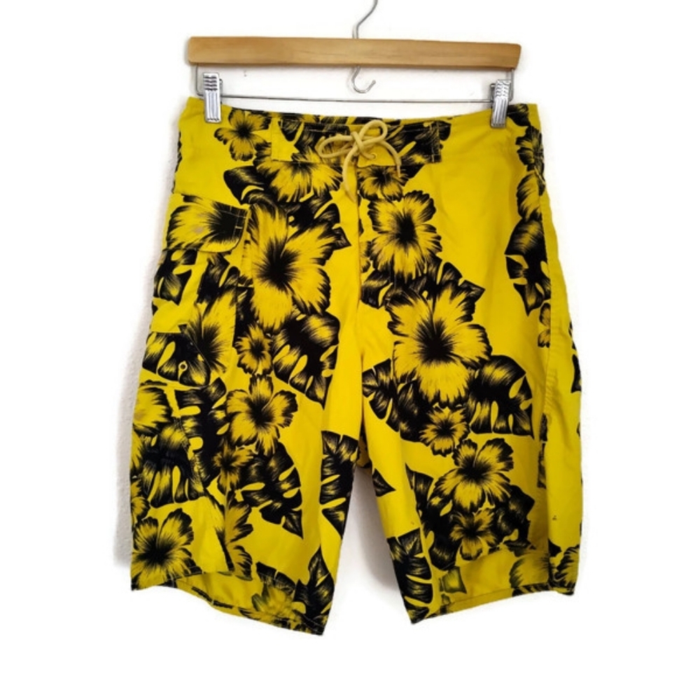 Anchor Blue Vintage  Mens Board Shorts Yellow And Black Swim Trunks Print